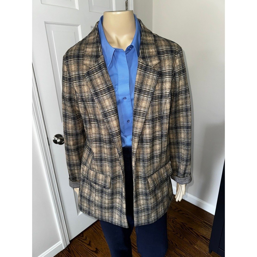 Liverpool Los Angeles Tan Blue Plaid Boyfriend Blazer Jacket Womens XL